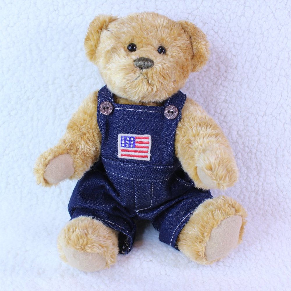 TEDDY BEAR JOINTED BLUE OVERALLS AMERICAN FLAG COVERALLS GOLD‎ PLUSH 9" Stuffed